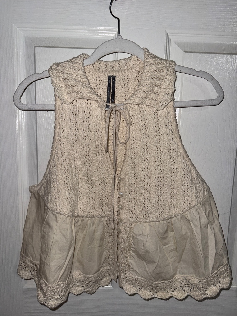 Anthropologie Cream Crochet Knit Peplum Tank with Tie Collar